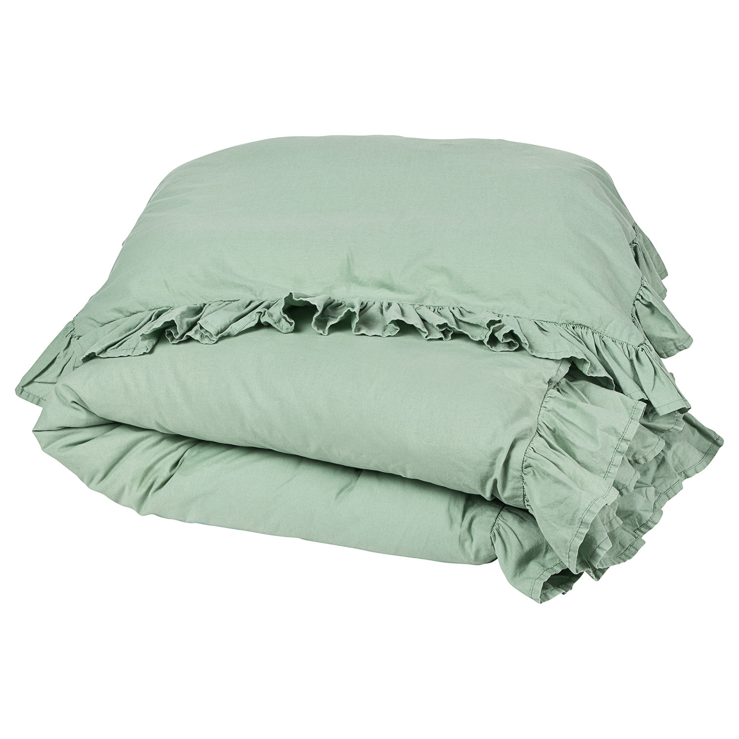 soft green linen kids bedding with flounce ruffle trim