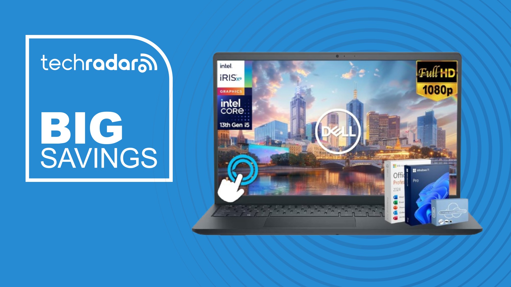 A Dell Inspiron laptop on a blue background next to a TechRadar badge that reads 'Big Savings'