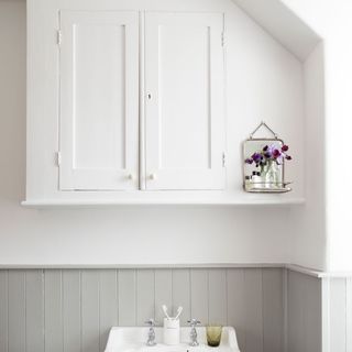 bathroom with white wall and cupboard