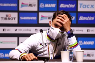 It begins to sink in for France’s Julian Alaphilippe at the post-race press conference that he’s become the 2020 road race world champion