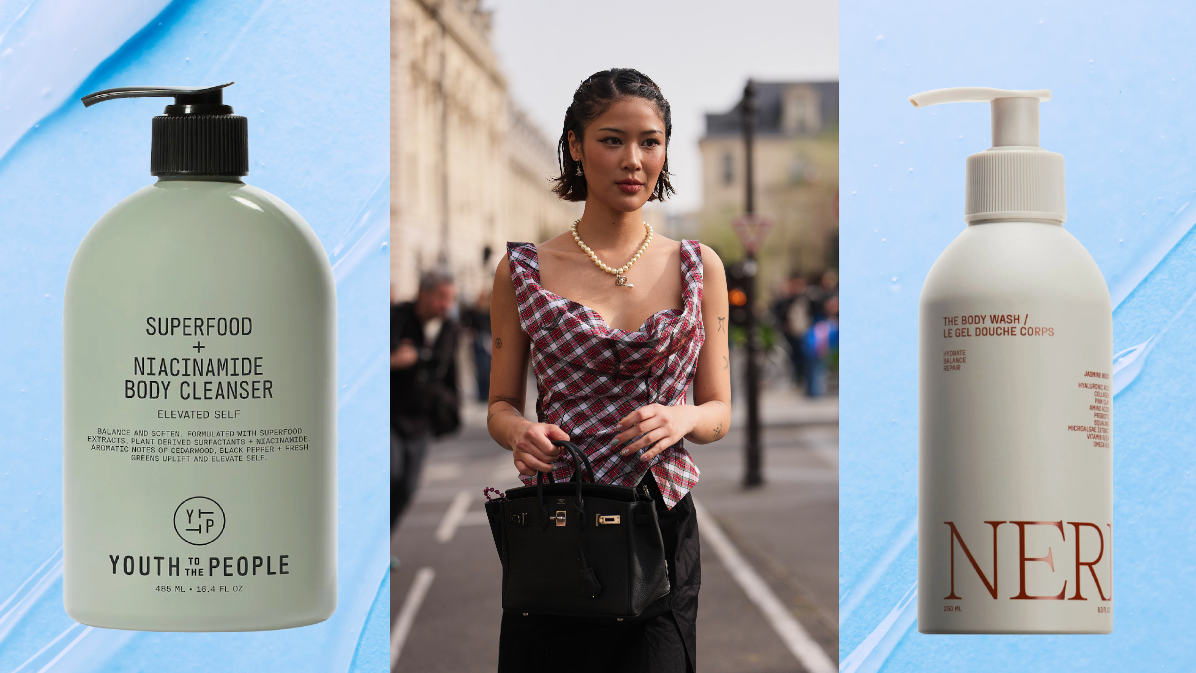 A women with short hair styled to look wet wearing a cowl neck top and holding a birkin. She is flanked by two bottles of hydrating body wash. 