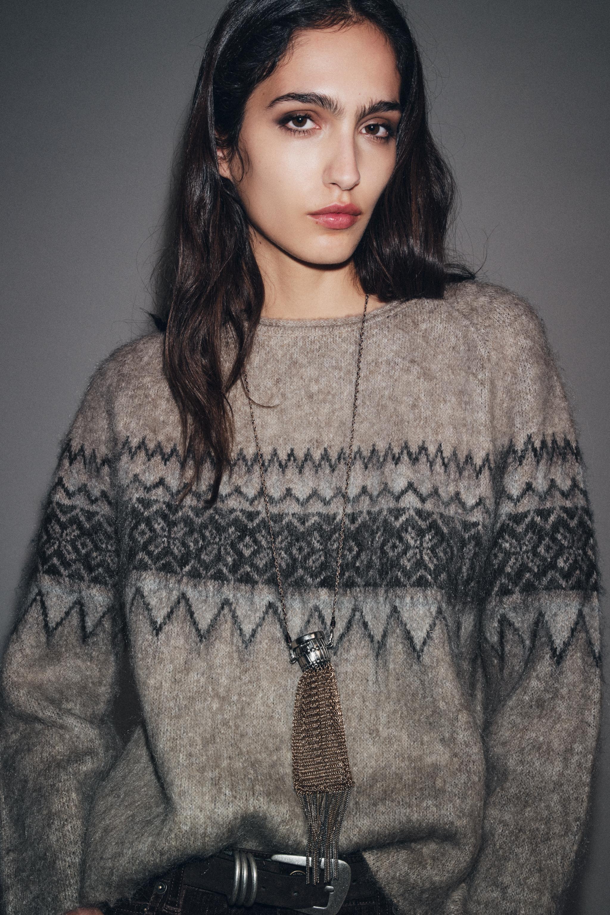 Brushed Effect Jacquard Knit Jumper