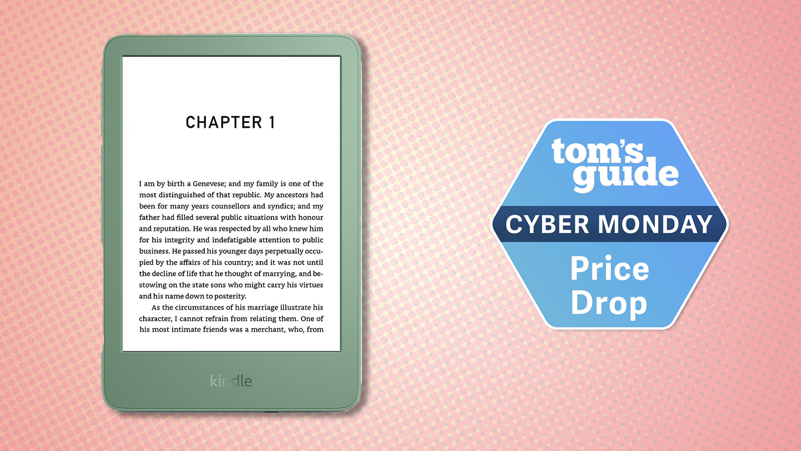 the kindle in green on a pink background with a cyber monday badge