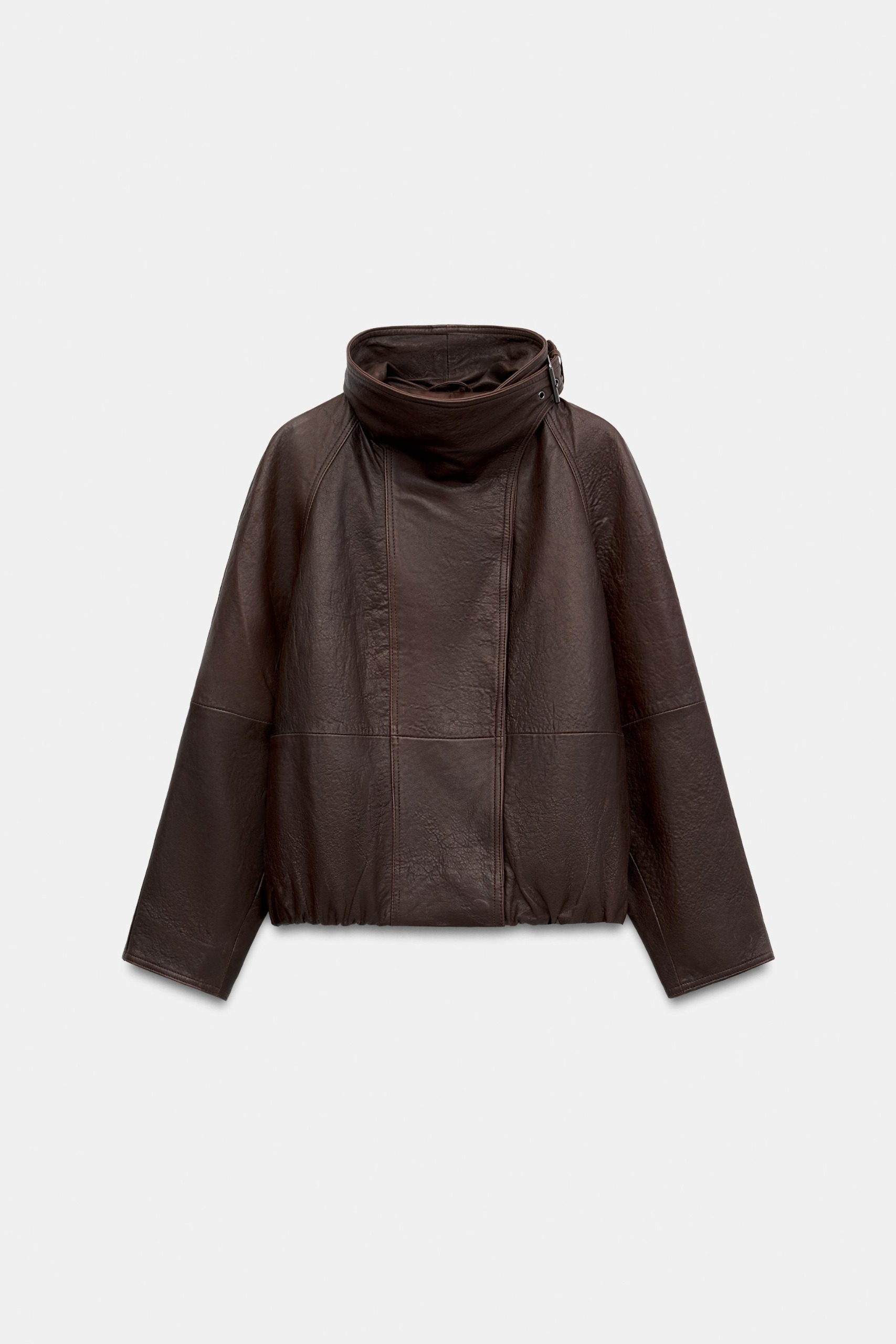 Zara brown funnel neck leather jacket