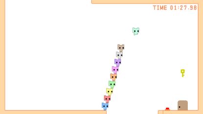 10 multicolored cats stand on top of each other while the one at the top jumps across a cavern to reach a key on the other side of the plain white level, in a screenshot from Pico Park.
