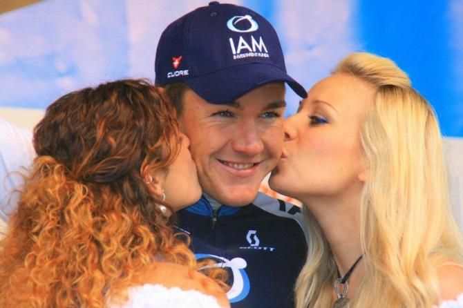 Heinrich Haussler (IAM Cycling) receives his first winner's kisses for 2013 at Bayern-Rundfahrt