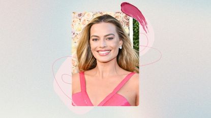 Image of Margot Robbie smiling with blonde long hair and wearing a pink V-neck dress, on a pastel watercolour background with pink graphics and a lipstick swatch