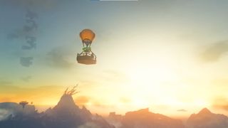 A hot air balloon flying over hyrule, with Death Mountain on the horizon