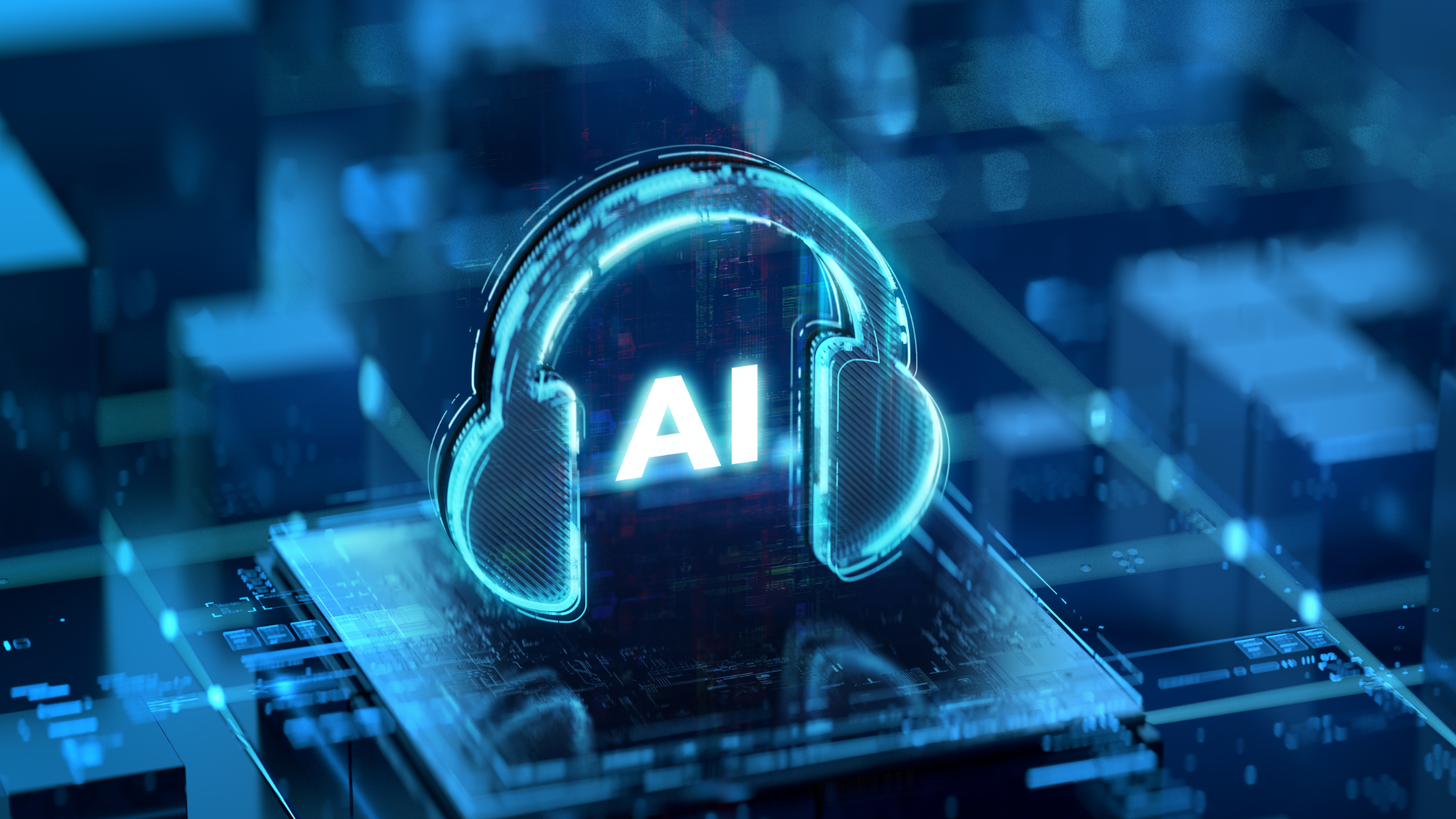 Artificial intelligence music and sound concept. Represented with digital circuits and advanced algorithms in a high-tech setting, showcasing modern technological advancements and innovation