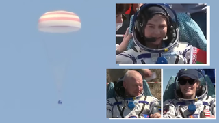 The Soyuz capsule drifts down to Earth under a parachute. The three crew members after being lifted from the capsule