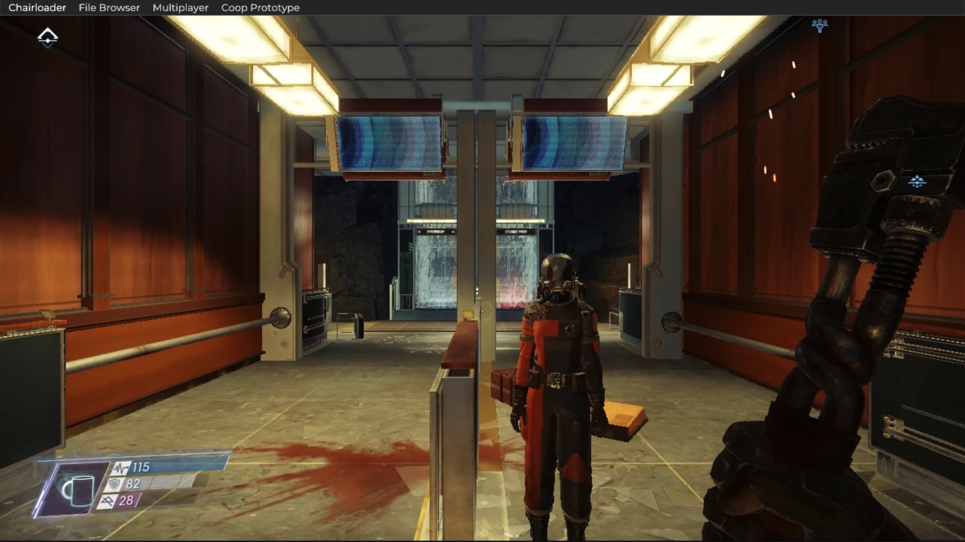 A screenshot of Prey with the Prey Coop mod installed, showing the player standing in a hallway with another player in front of them.