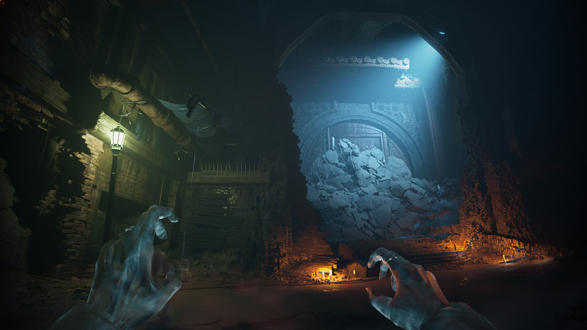 Vampire: The Masquerade - Bloodlines 2 screenshot showing underground stealth from the first-person perspective. The protagonist&#039;s translucent vampiric hands can be seen