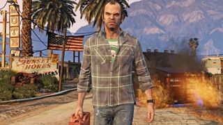 GTA 5 cheats — Trevor walks away from a vehicle he's torched