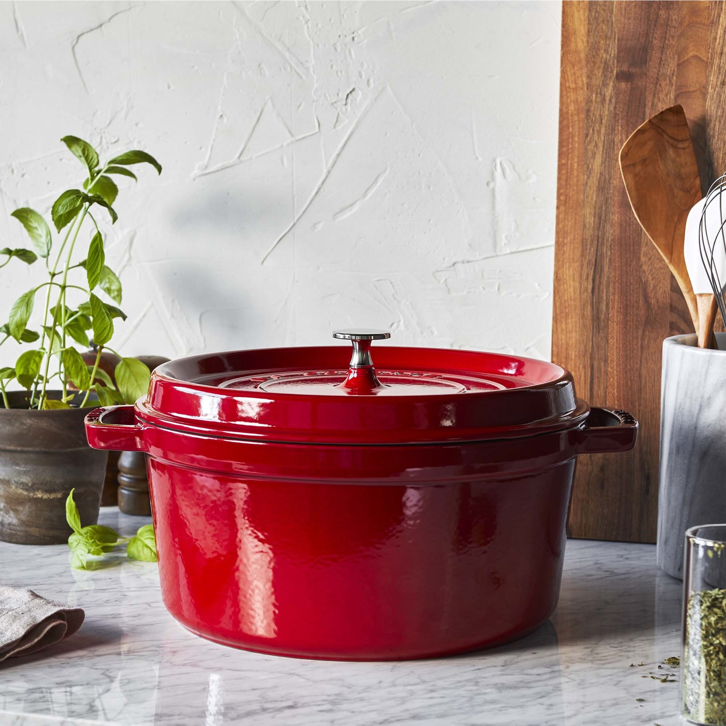 Staub Cast Iron - Round Cocottes 7 Qt, Round, Cocotte, Cherry - Visual Imperfections