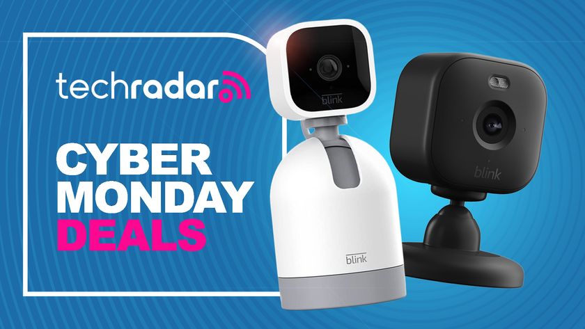 Two blink cameras on blue background with text &#039;TechRadar Cyber Monday deals&#039;