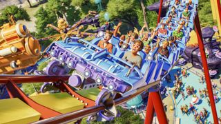 Planet Coaster 2 art showing parkgoers aboard a light blue and purple roller coaster