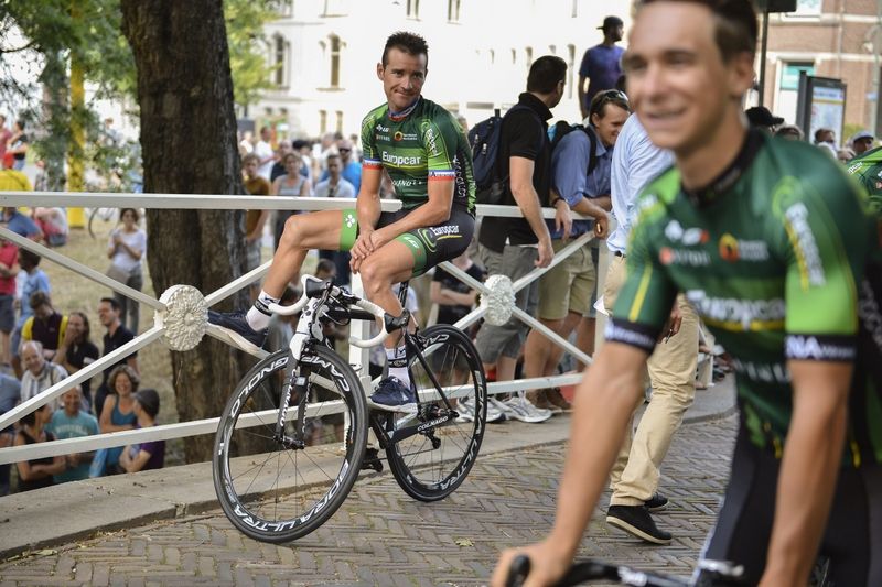 Europcar's Thomas Voeckler and Bryan Coquard at the team presentation