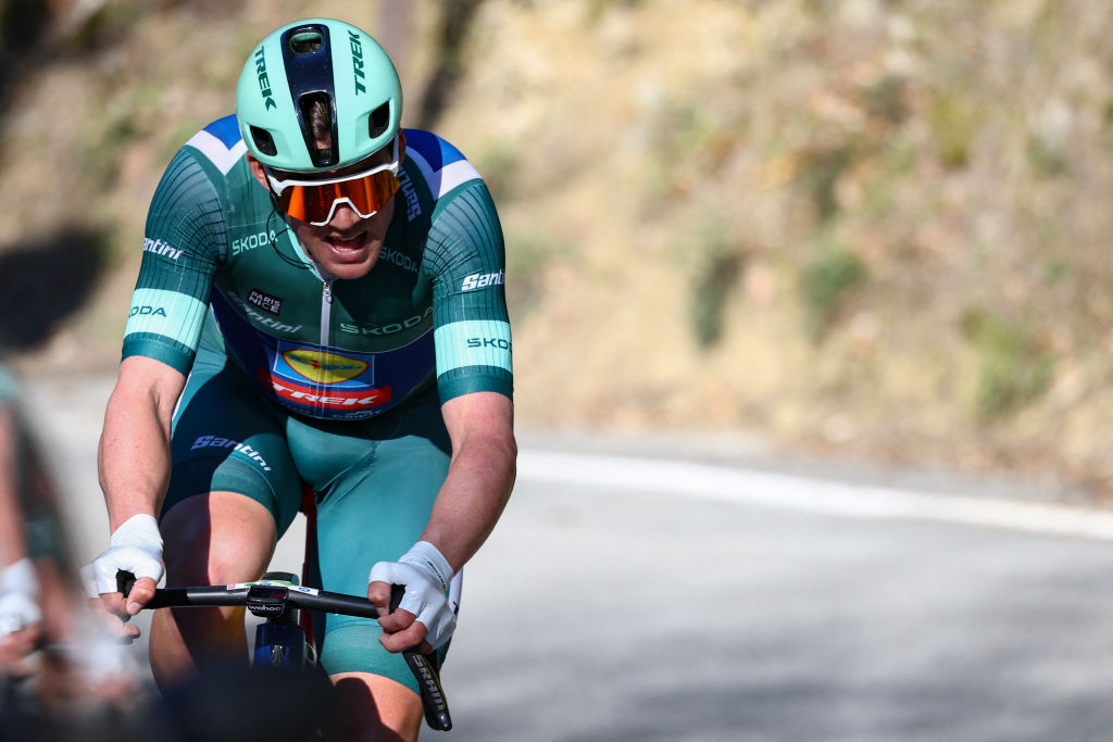 Lidl-Trek's Danish rider Mads Pedersen wearing the sprinter's green jersey cycles in a breakaway during the 8th and final stage of the Paris-Nice cycling race, 119,9 km between Nice and Nice, on March 16, 2025. (Photo by Anne-Christine POUJOULAT / AFP)