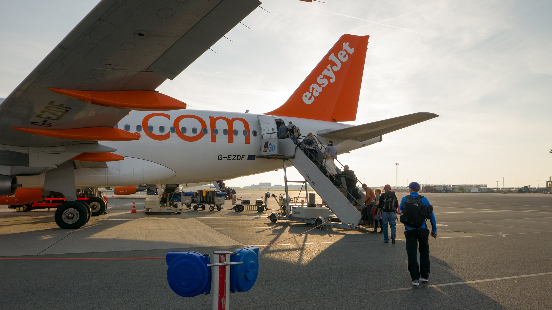 Passengers walking to the EasyJet airplane
