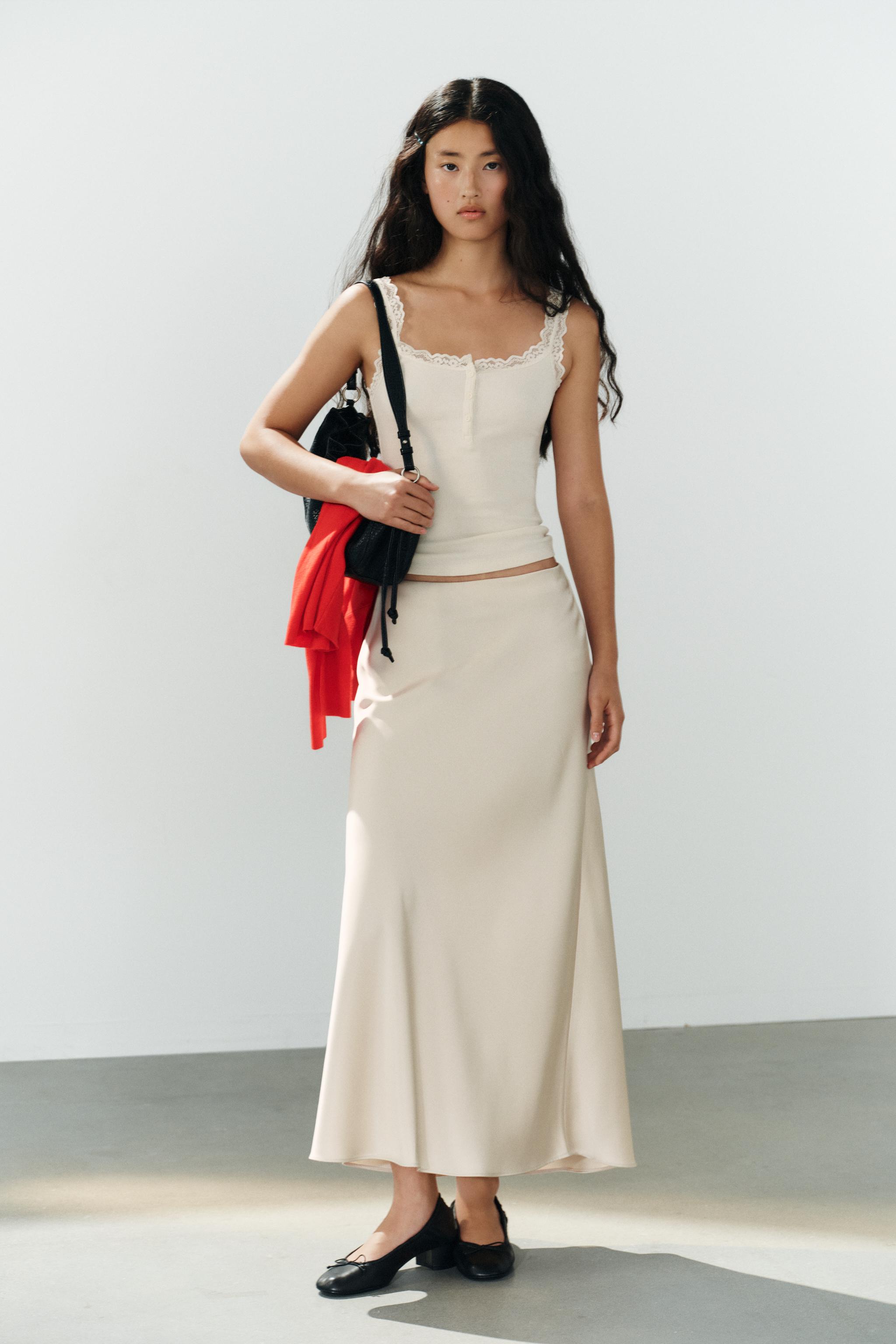 Satin Midi Skirt - Ice - Xs