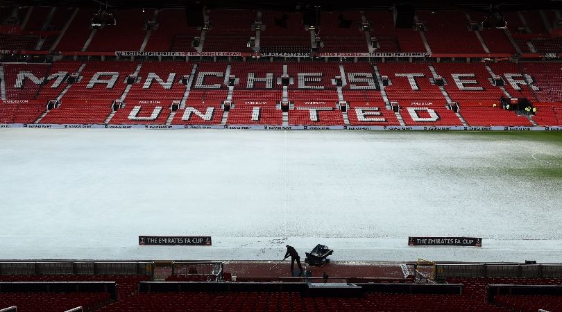 A snowy Old Trafford ahead of Manchester United&#039;s FA Cup clash against Brighton in March 2018.