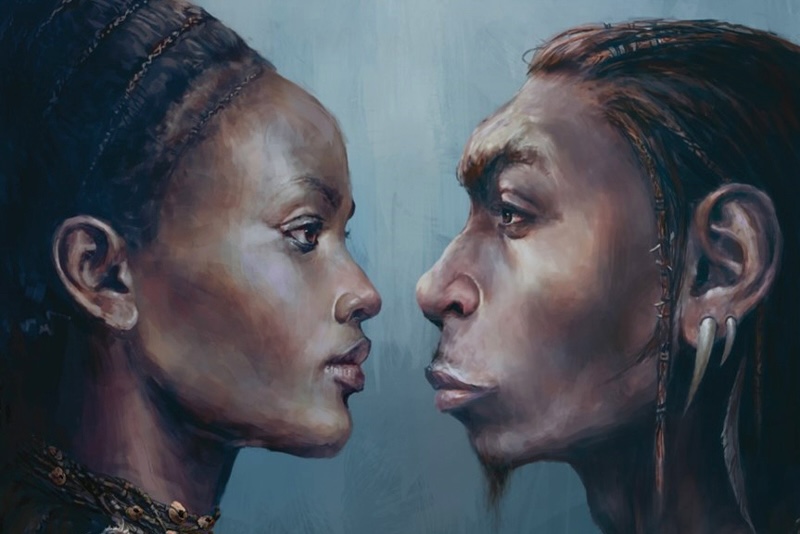 an illustration of a modern human woman face to face with a Neanderthal
