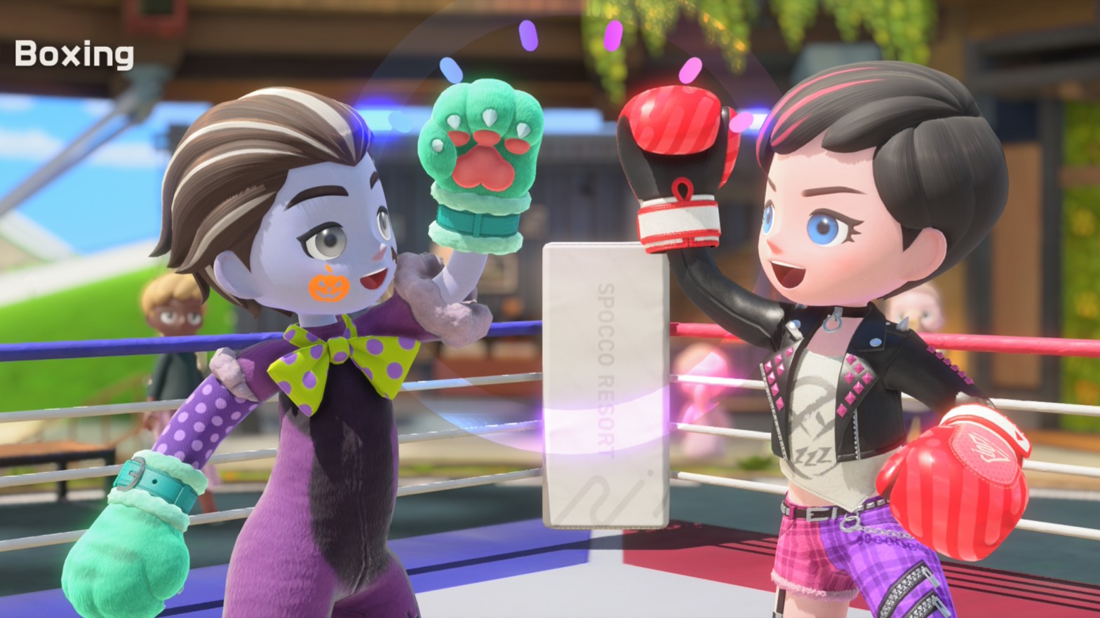 Players fist-bump before a boxing match in Nintendo Switch Sports Resort