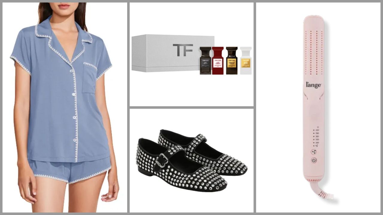 product collage of Tom Ford Private Blends 4-Piece Discovery Set, Eberjey Frida Short PJ Set, L&#039;ange Le Duo 360 Airflow Styler, Sam Edelman Michaela Gem Mary Jane Flats on white background with grey border