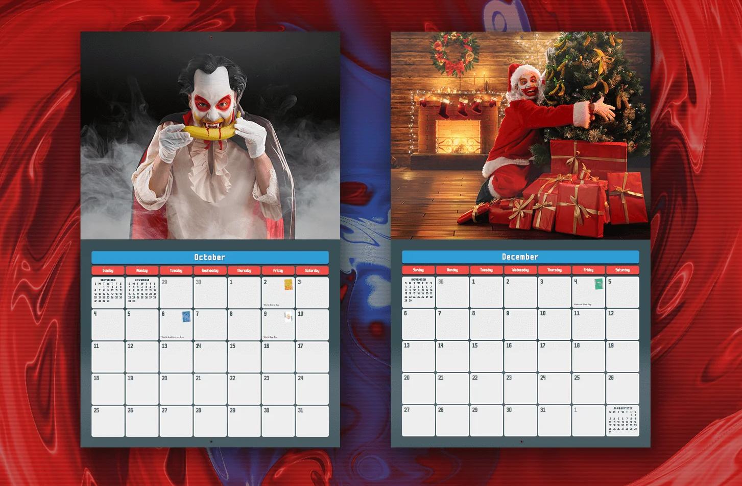 Balatro Wall calendar showing Jimbo biting a banana and dressed as santa hugging a tree