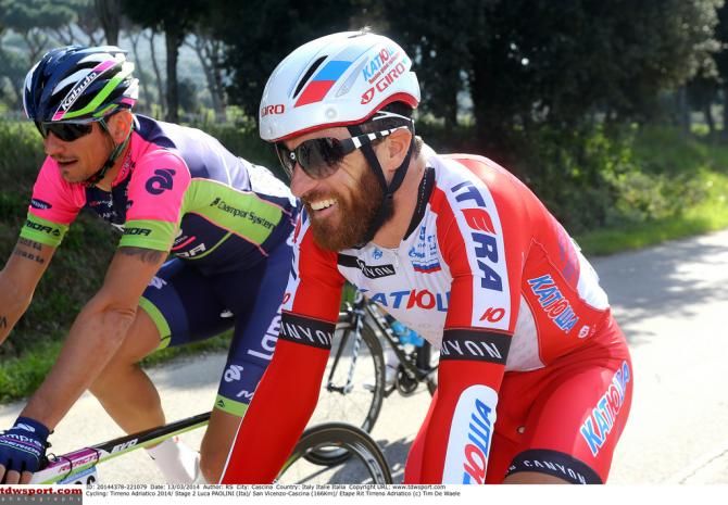 Luca Paolini (Team Katusha) and Pipo Pozzato (Lampre-Merida) joke about celebrating their Roma-Maxima 'victories'