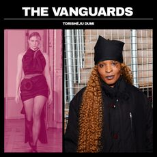 The Vanguards franchise graphic for designer Torisheju Dumi and a black dress from her Spring 2024 runway show.