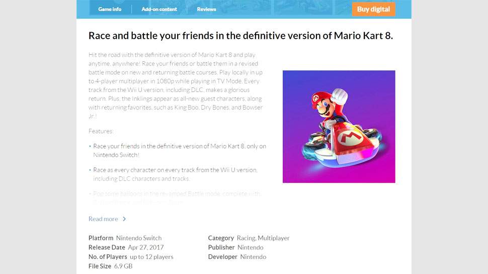 Screenshot der Mario Kart 8-Seite von Nintendo