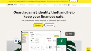 Norton LifeLock home page, offering finance protection and protection against identity theft, with two devices showing the LifeLock application.