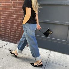 Denim Outfit With Black Kitten Heels