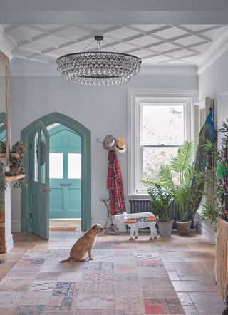 A living room with coffered ceiling