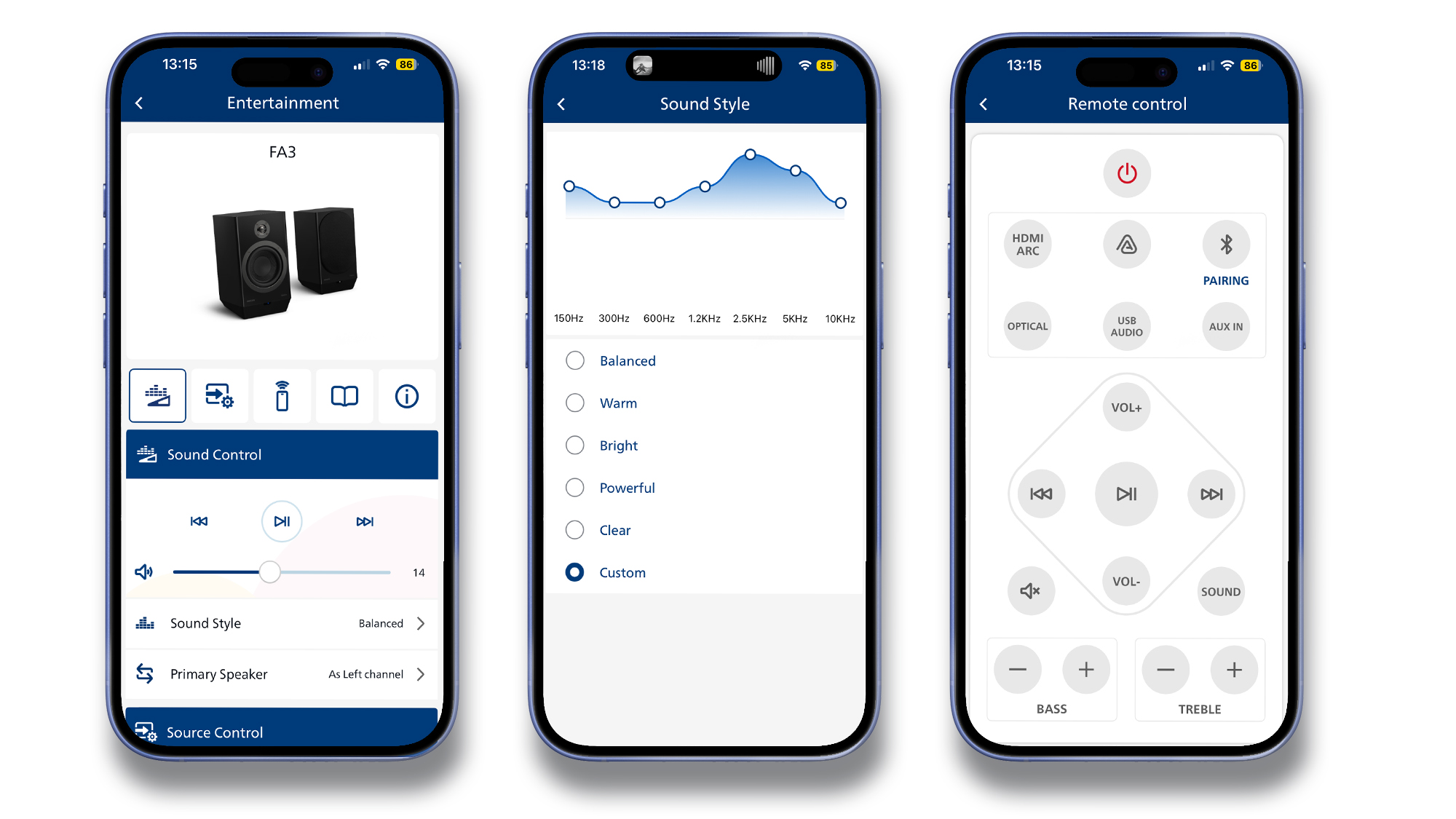 The Philips Fidelio FA3's app, showing general menu items, the EQ screen, and the on-screen remote control