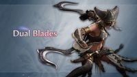 A warrior in ornate dark armor and a horned helmet wields two curved, patterned blades against a soft blue background with the text Dual Blades.