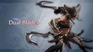 A warrior in ornate dark armor and a horned helmet wields two curved, patterned blades against a soft blue background with the text Dual Blades.