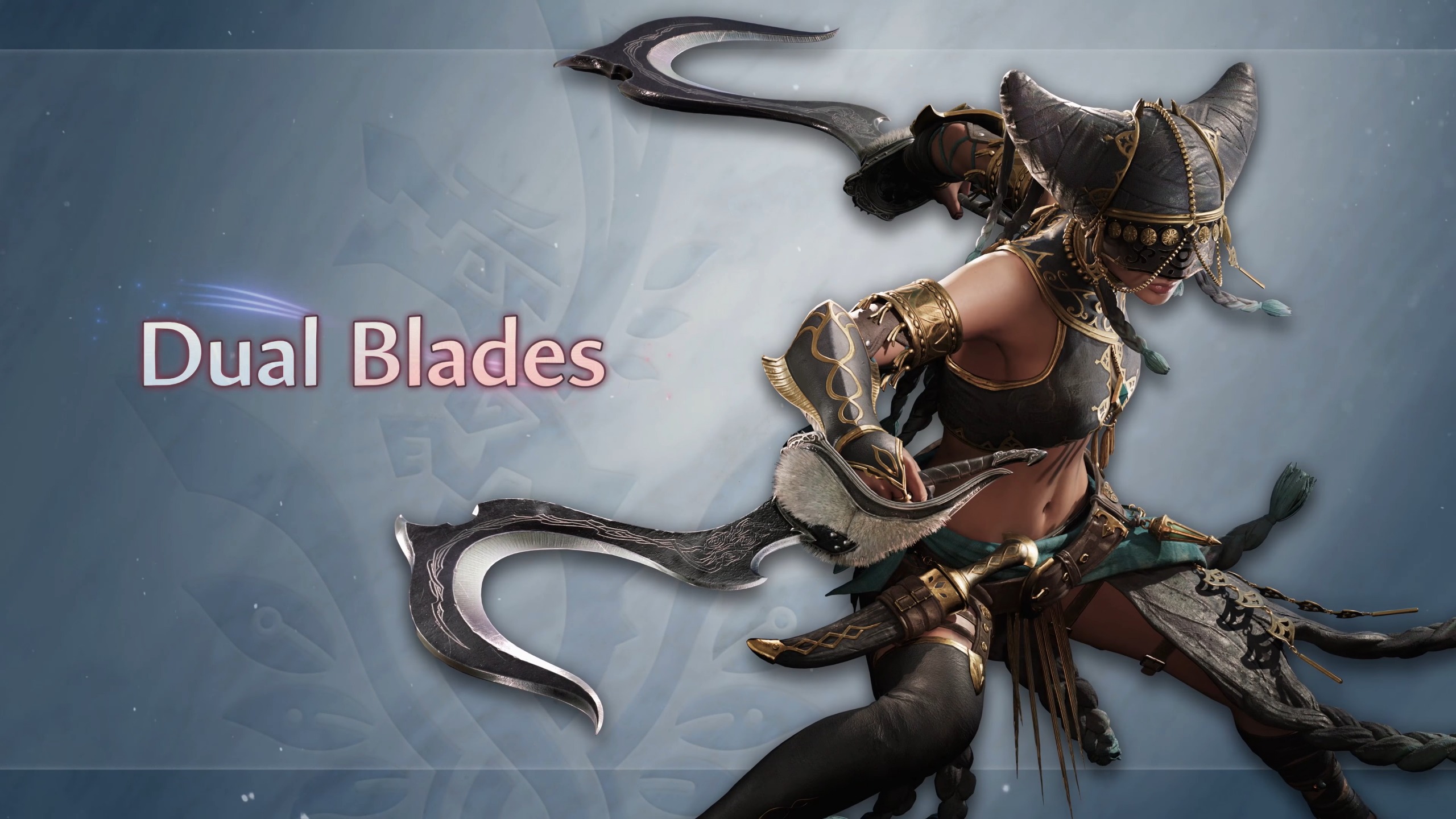 A warrior in ornate dark armor and a horned helmet wields two curved, patterned blades against a soft blue background with the text Dual Blades.