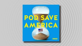 The logo of the Pod Save America podcast on a grey background