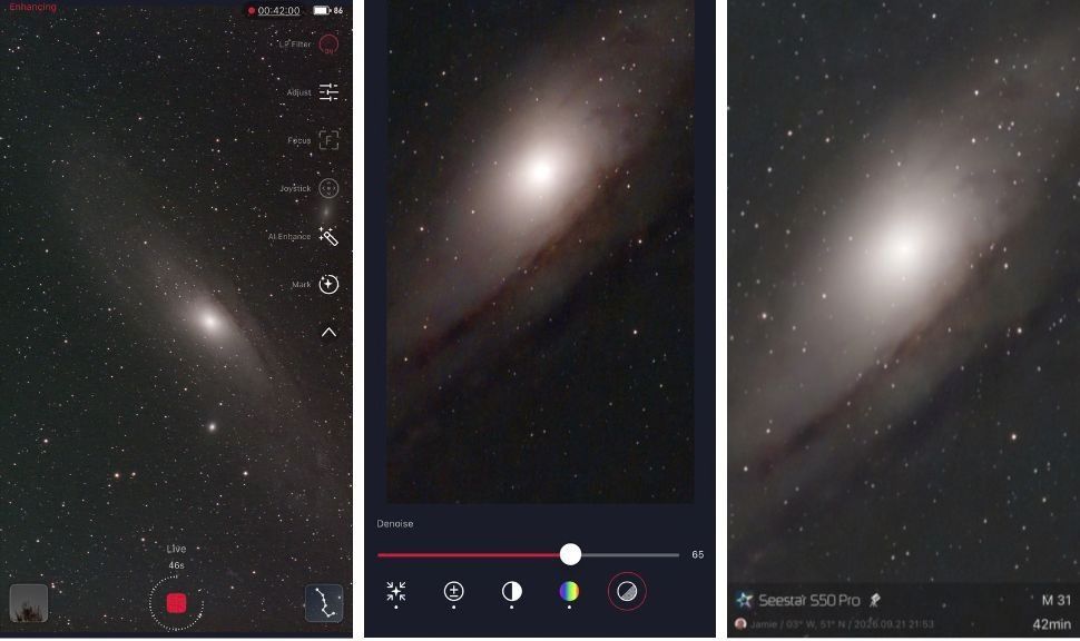 Three frames of the the Andromeda Galaxy (M31), as imaged by the ZWO Seestar S50 Pro.