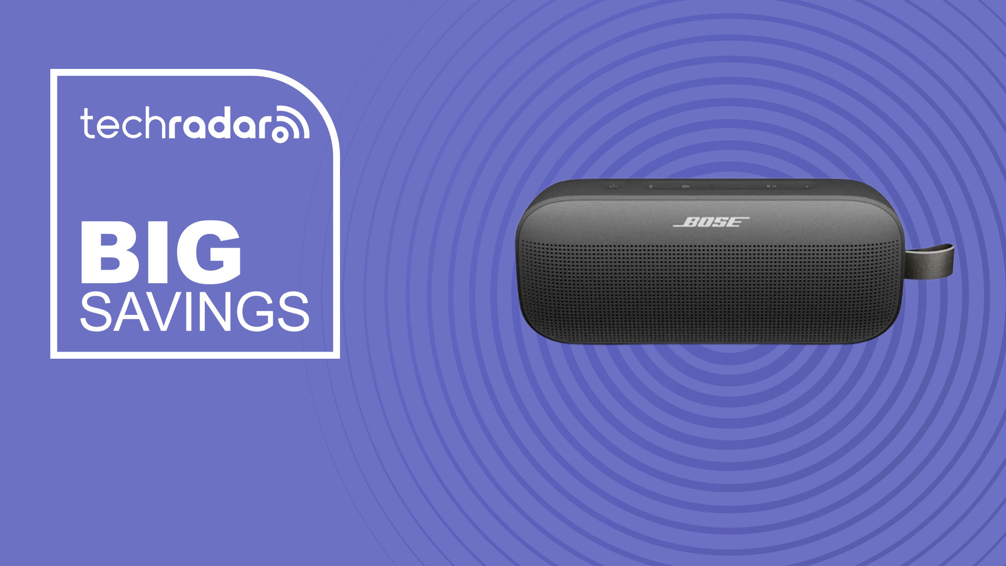 The Bose SoundLink Flex on a purple background with text saying Big Savings.