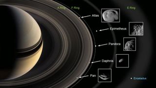 NASA's Cassini spacecraft inspected these five moons of Saturn during super-close flybys, learning how the rings have influenced their coloring and size.