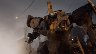 A half-ruined giant robot rises from wreckage. An image from the cinematic trailer for mecha strategy RPG Mecharashi.