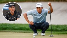 Main image of Michael Kim crouching down behind a putt and inset image of Rickie Fowler speaking at a press conference (top left)