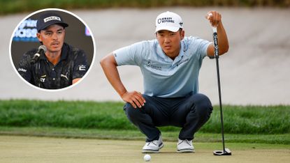 Main image of Michael Kim crouching down behind a putt and inset image of Rickie Fowler speaking at a press conference (top left)