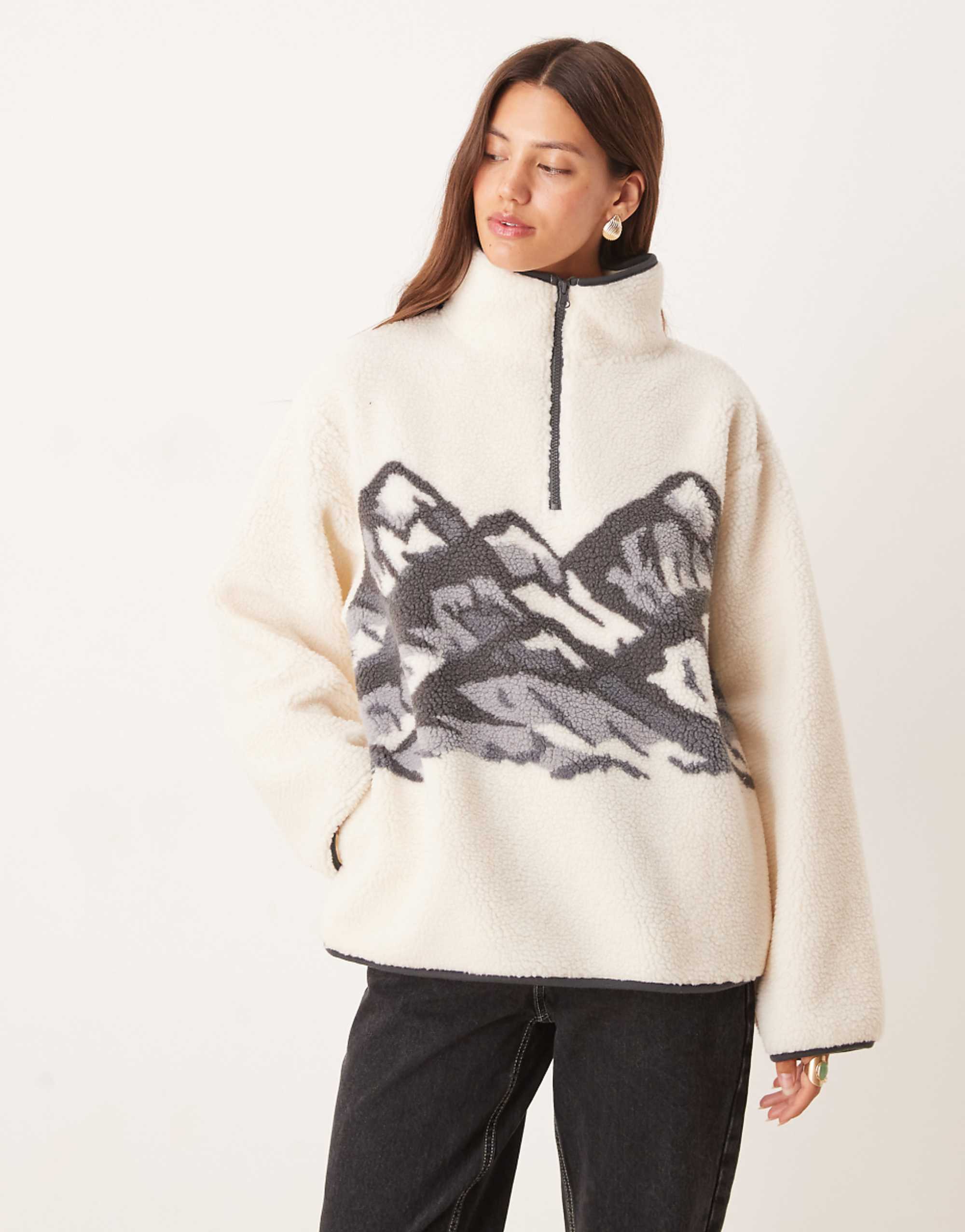 Asos Design Borg Half Zip Fleece With Placement Mountain Print in Cream and Grey