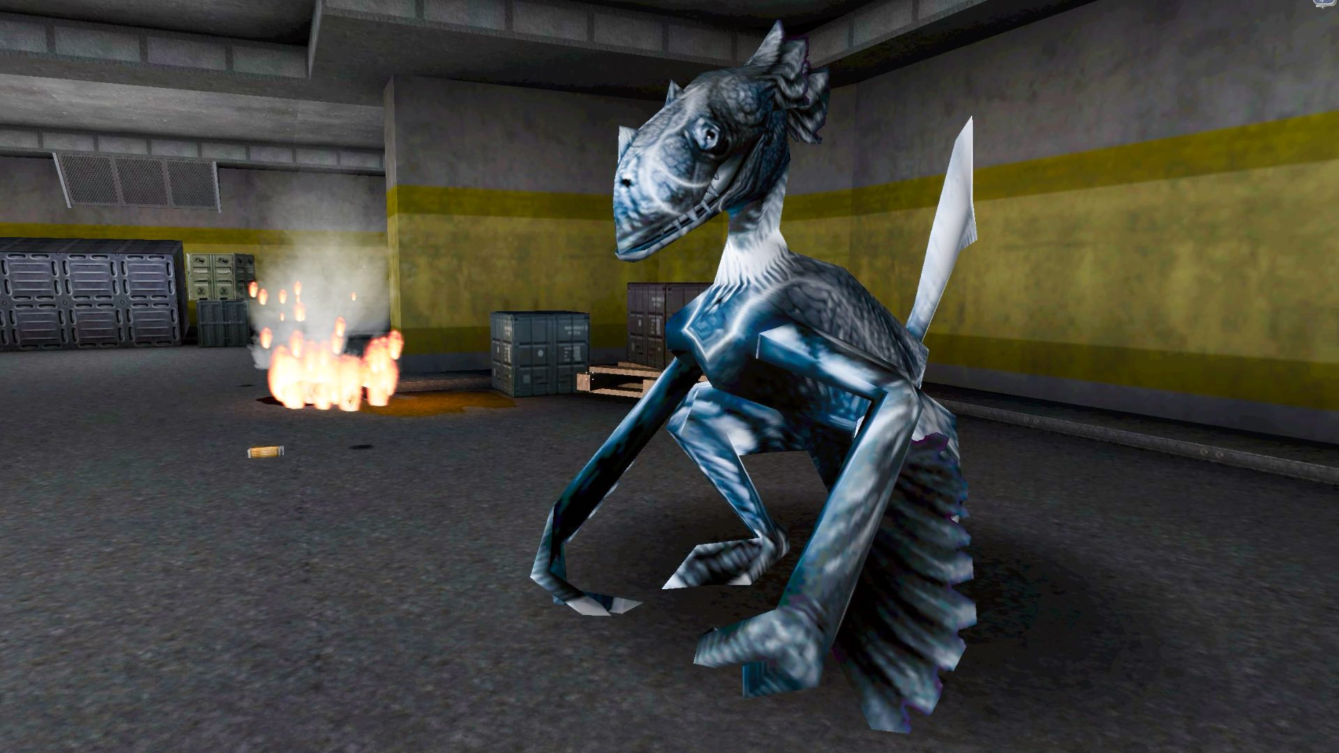A giant silver greasel in front of a burning fire.