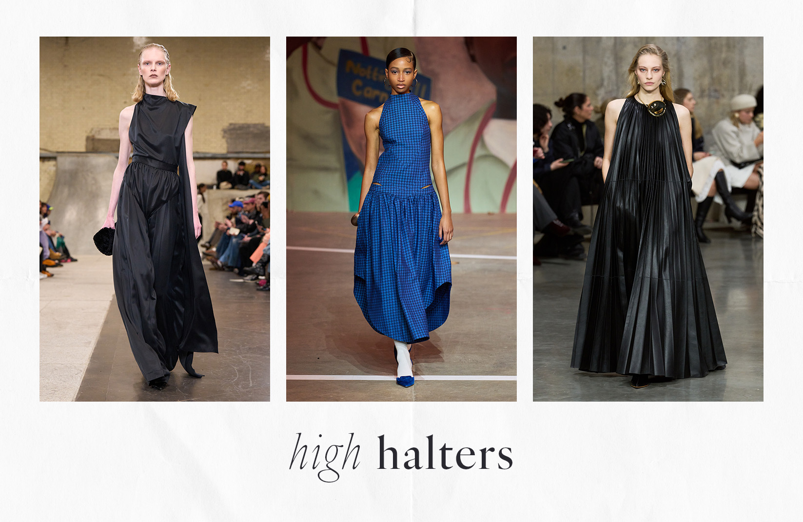 Photo collage of different runway trends from London Fashion Week Fall Winter 2026.