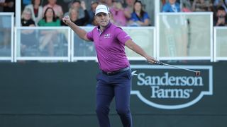 Luke List celebrates his winning putt at the 2023 Sanderson Farms Championship